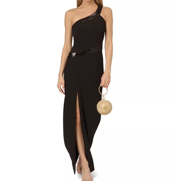 Adrianna Papell - Knit Crepe One Shoulder Sequin Trim Gown - Picture 1 of 12